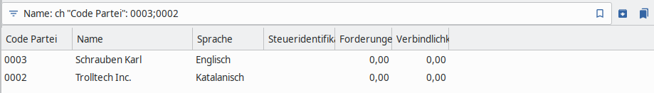 Suche nach 'ch' im Namen einer Partei mit Kunden-Nr '0002' oder '0003'