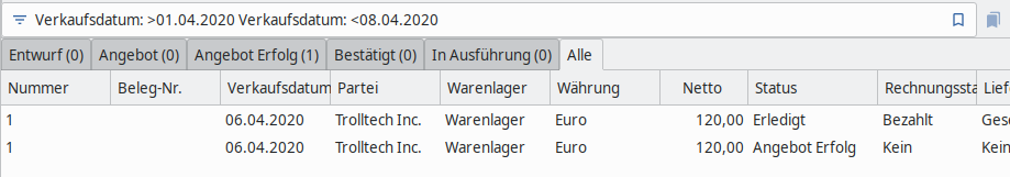 Verkaufsdatum liegt zwischen dem 01.04.2020 und dem 08.04.2020, jedoch nicht genau auf diesen Datumsangaben